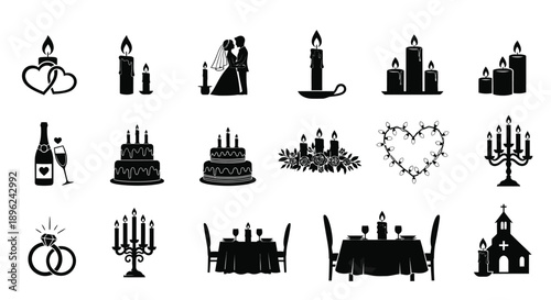 Wedding icons set including candle cake ring and heart on white background for marriage and love themes