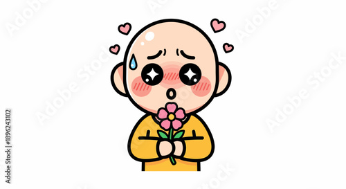 Bald Cartoon Character Holding Flowers with Hearts.