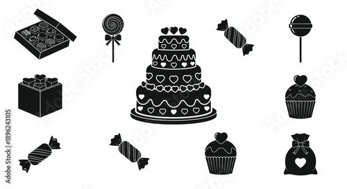 Black and white illustration of assorted sweet treats and desserts including a large decorated birthday cake cupcakes candies and chocolate