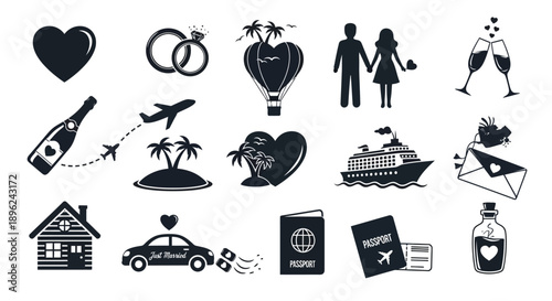 Black silhouettes of romantic travel and love icons on white background including hearts couples hot air balloons champagne and travel documents