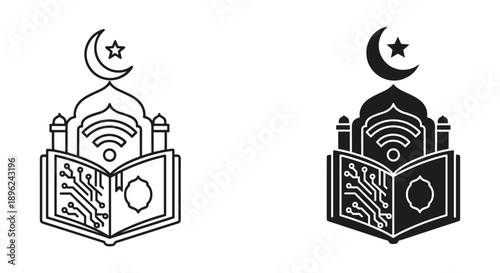 Islamic Book with Mosque and Crescent Moon Symbol Vector Illustration