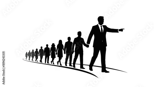 Silhouette of a suited man leading a group of people in a line, pointing forward on a white background with a minimalist style.