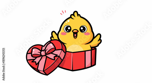 Happy Cartoon Chick Emerging from Gift Box.