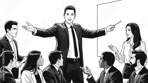 Businessman in a suit gesturing while explaining to a group of colleagues in a meeting, with a blank whiteboard behind them, in a line drawing style.