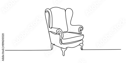 Continuous line drawing illustrating a classic wingback armchair design on a white background