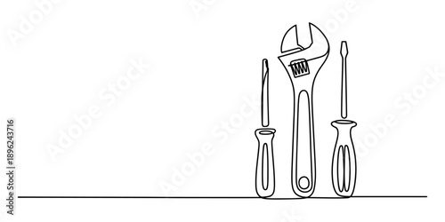 Minimalist one continuous line drawing of construction and repair tools on a white background