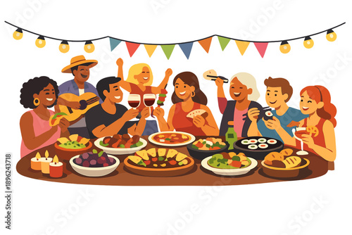 A cozy venue hosts a cultural food party, celebrating happiness with a gourmet feast and a festive atmosphere that invites new perspectives