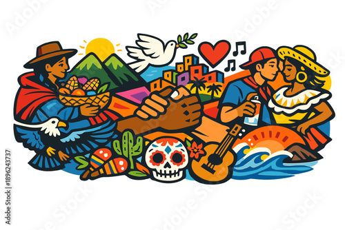 Bold, expressive murals of street art portray cultural themes and local narratives with vivid colors