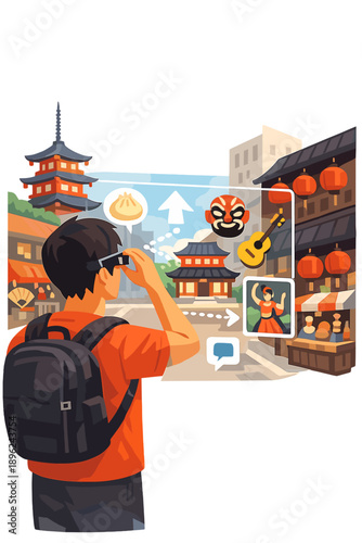 Someone employs augmented reality navigation to discover a city's hidden treasures and local culture, featuring an AR city exploration theme and cultural style