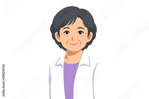 Older Asian woman with dark hair wearing a white jacket