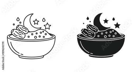 Ramadan night iftar meal with dates and soup in traditional black and white bowls under crescent moon and stars