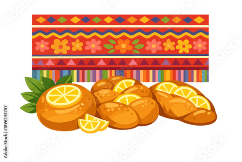 Bread rolls with a lemon motif, set against a traditional colorful textile background, represent delicious bakery products that embody a cultural and culinary concept, celebrating fresh baked goods