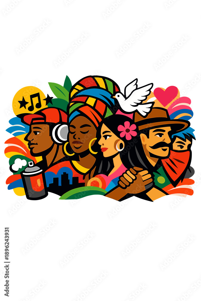 Naklejka premium A lively mural showcasing a variety of faces in striking colors, celebrating unity and cultural expression via street art