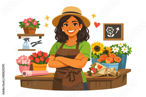 A cheerful Hispanic woman who owns a florist shop excels at running a small business with charm and positivity