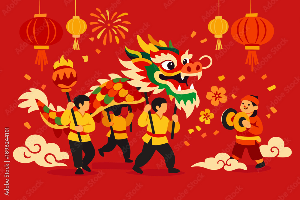Naklejka premium Graphic design featuring a dragon dance for the Chinese New Year, set against a red background, evoking a festive atmosphere with vibrant colors, lanterns, and cultural tradition