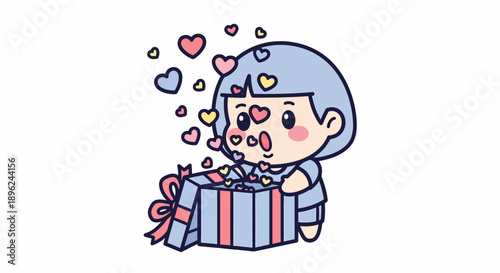 Cartoon Girl Opening Gift Box with Hearts.