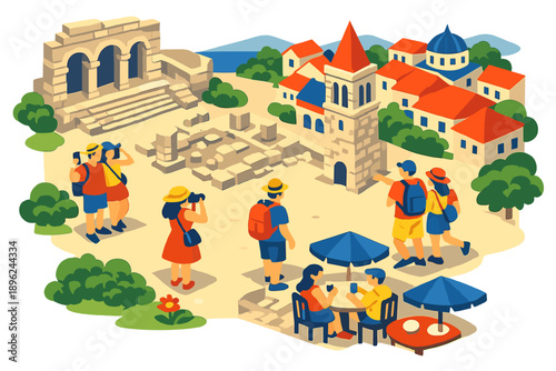 Animated flat design top view of tourists exploring a historic site in a picturesque town, featuring a cultural heritage theme and a triadic color scheme