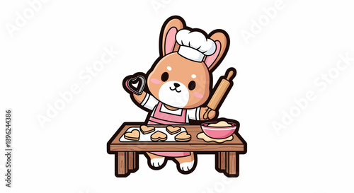 Cartoon Rabbit Baking Cookies in Kitchen.