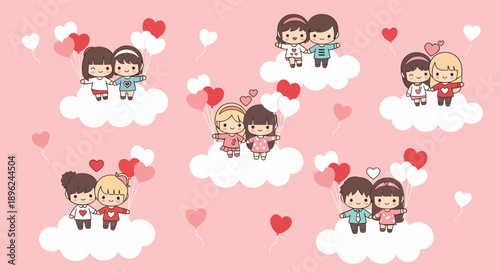 Cartoon Couples Embracing on Clouds with Hearts.