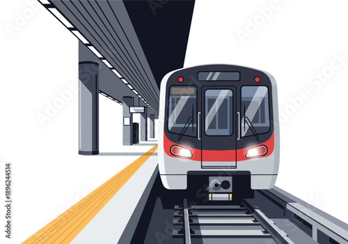 Front view of a modern metro train arriving at an elevated platform station