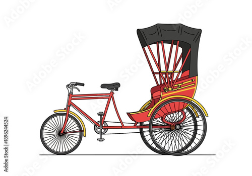 Illustration of a red threewheeled cycle rickshaw with a black canopy