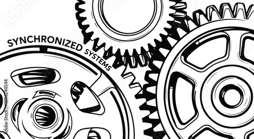 Black and white illustration of interlocking gears with 'SYNCHRONIZED SYSTEMS' text, representing teamwork, mechanics, and efficient processes.