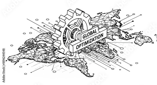 Digital concept of global optimization and interconnected business strategy, illustrated with a wireframe world map, gear, and network lines.