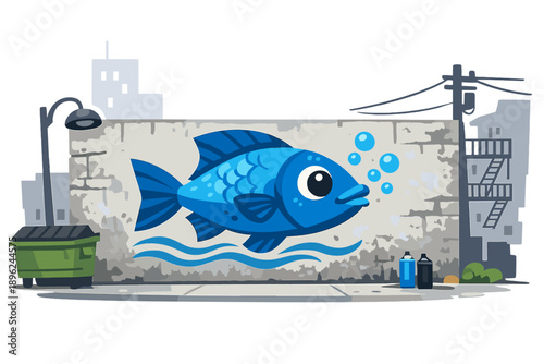 A blue fish mural painted on a concrete wall in an urban setting