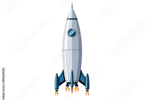 Retrostyle white rocket ship with blue fins firing orange thrusters on a white background
