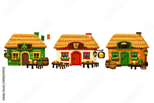 Three vividly colored traditional Irish pubs with thatched roofs, set against a clear background, display distinctive designs and bright hues, perfect for festive themes and celebrations