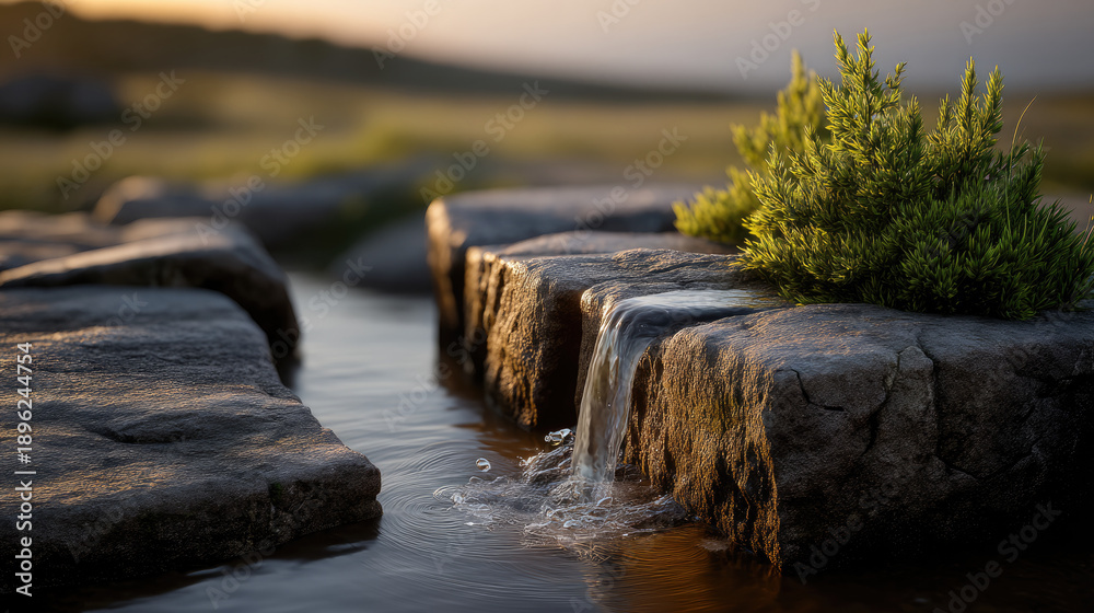 Naklejka premium Small stone water fountain with gentle stream, green bush, natural rock, outdoor landscape, tranquil sunset light