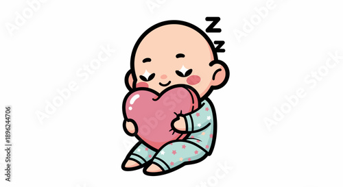 Baby Hugging Heart Sleeping Peacefully Cartoon.