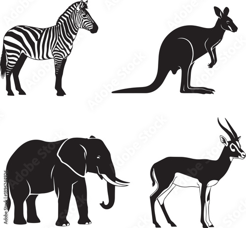 Wildlife Silhouette Collection: Zebra, Kangaroo, Elephant, and Gazelle