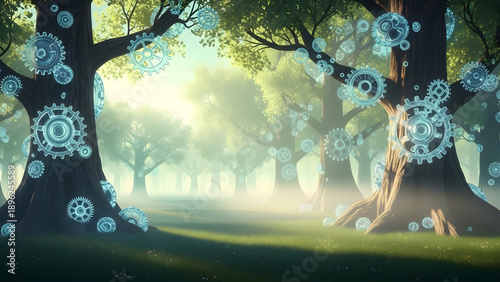 Whimsical forest with glowing blue gears and cogs in trees