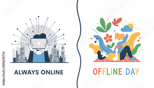 Always Online vs Offline Day comparison concept. Digital detox and mental health vector illustration. Technology addiction versus relaxing in nature