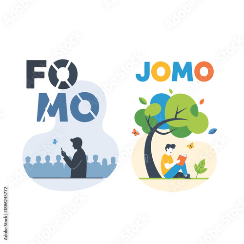 FOMO versus JOMO concept illustration. Fear of missing out with smartphone user compared to joy of missing out with person reading under tree. Digital detox vector