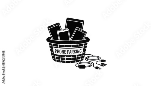 Vector illustration of a phone parking basket filled with mobile devices. Digital detox concept with unplugged charging cables