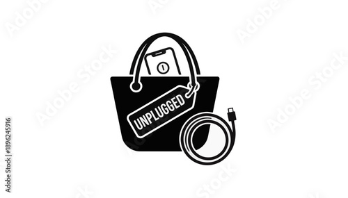 Vector beach bag with unplugged tag and smartphone inside. Travel digital detox concept with coiled charging cable