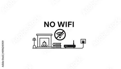 Vector illustration of a cozy fireplace and books with a disconnected router. No wifi and digital detox cabin concept