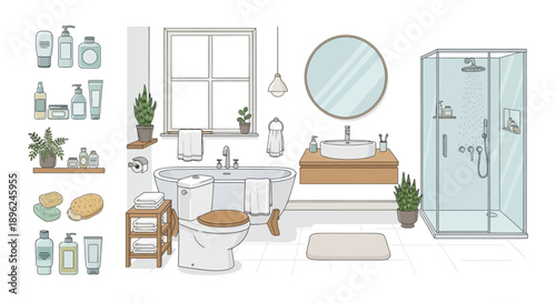 A minimalist bathroom interior design with a bathtub shower and plants