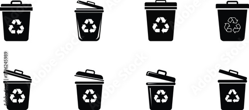 Simple recycling sign and trash bin icon in flat vector style. Clean white background for eco, waste management and green concepts.