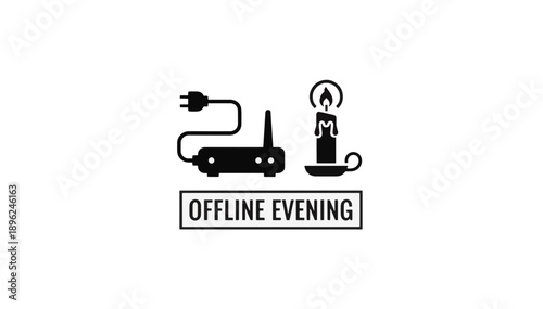 Offline evening concept with unplugged router and lit candle. Digital detox and disconnection from technology vector illustration. Black and white minimalist icon set