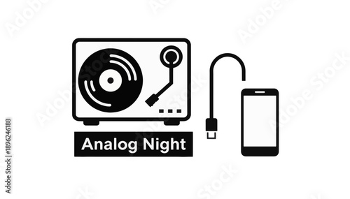 Analog night concept with vinyl record player and unplugged smartphone. Vector illustration of turntable and disconnected mobile phone. Retro music and digital detox theme