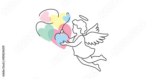 Sweet cupid angel flying with colorful pastel hearts symbolizing love and romance on white