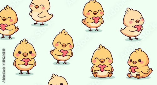 Cute Cartoon Chickens Holding Hearts Illustration.