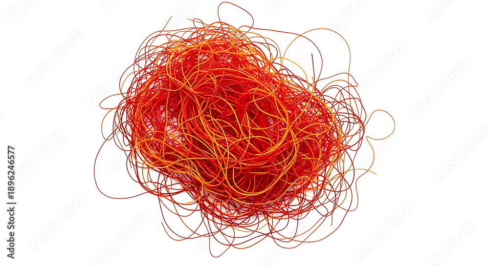 Fototapeta premium Red and orange tangled threads on white background