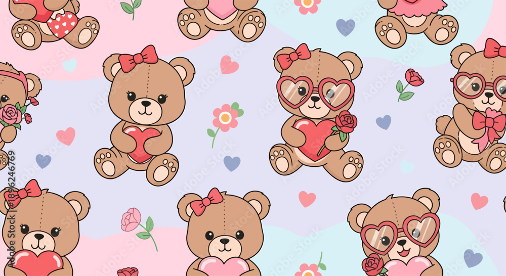 Fototapeta premium Cute Cartoon Teddy Bears with Hearts and Bows.