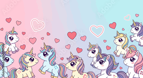 Cartoon Unicorns with Hearts and Pastel Colors.