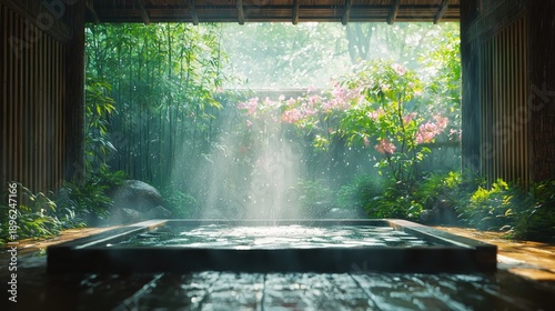 Wallpaper Mural Steaming outdoor bath in a tranquil Japanese garden with morning sunlight Torontodigital.ca
