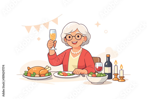 Elderly woman celebrating dinner with wine and roast, flat vector illustration